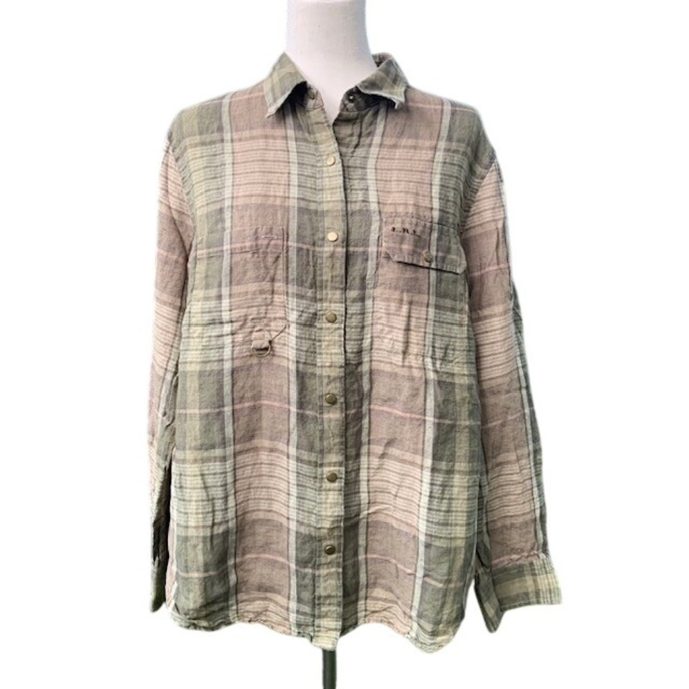 Lauren Ralph Lauren 100% Linen Plaid Utility Shirt 1X Earthy Fisherman Luxe